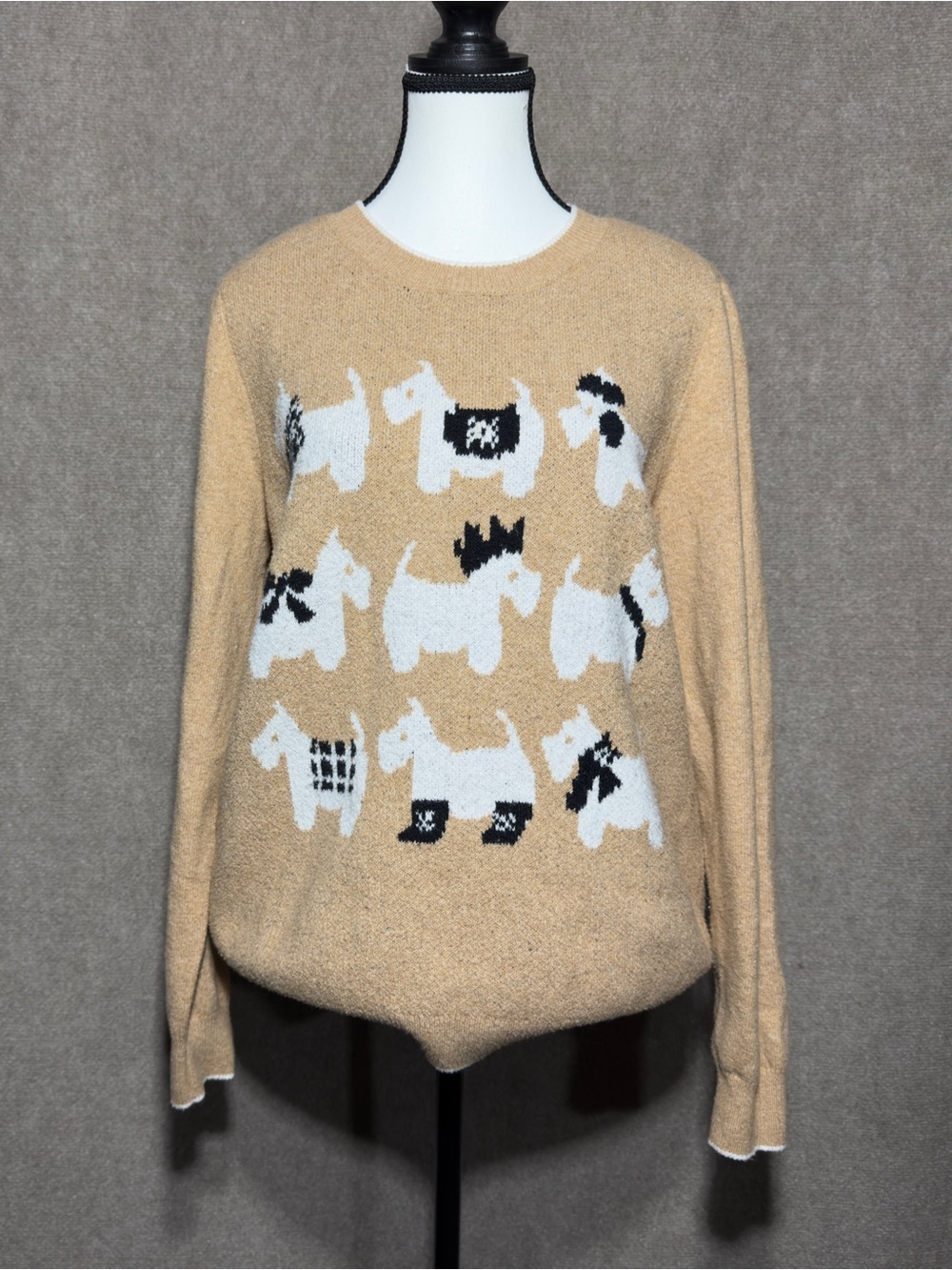 LOFT Scottie Dog Sweater Womens L Tan Knit Preppy Novelty Preppy Coastal Cozy